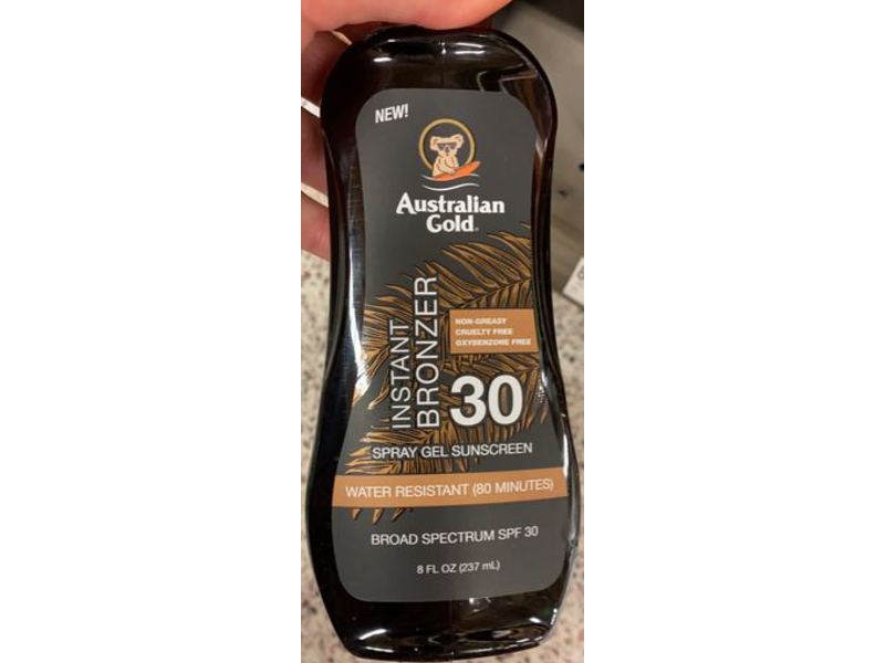 Australian Gold Spray Gel Sunscreen, Instant Bronzer, SPF 30, 8 fl oz/237 mL