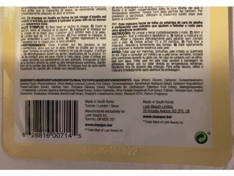 Masque BAR Animalz Bee Clarifying Sheet Mask, 0.71 fl oz/21 mL