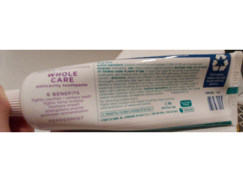 Tom's Of Maine Whole Care Anticavity Toothpaste, Peppermint, 4.0 fl oz/113 g