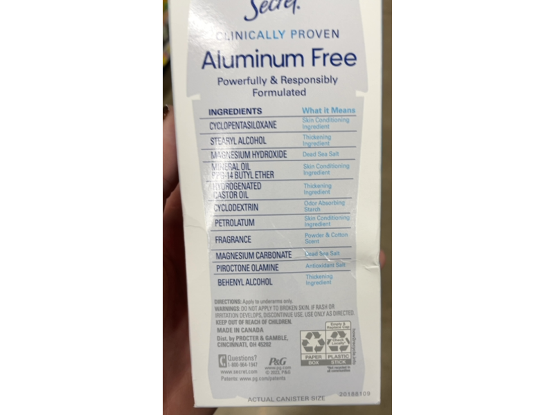 Secret Deodorant, Powder & Cotton, 2.4 oz/68 g