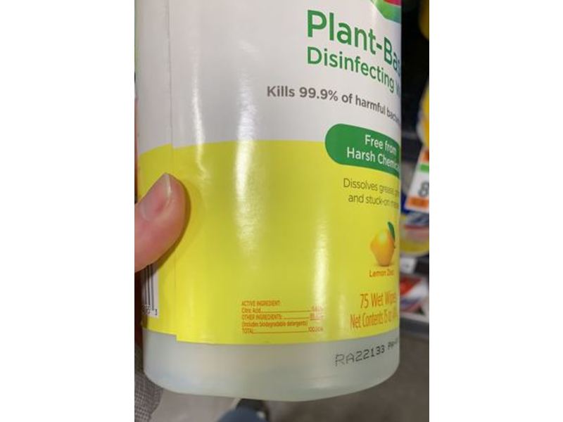 Clorox Plant-Based Disinfecting Wipes, Lemon Zest,75 Wet Wipes,15 oz/434 g, Pack Of 3