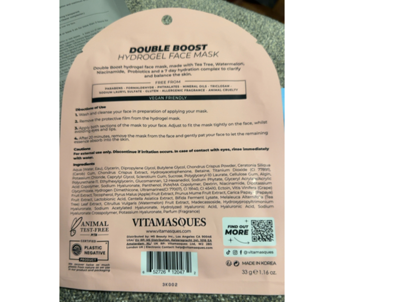 Vitamasques Double Boost Hydrogel Face Mask, Tea Tree + Niacinamide, 1.16oz/33 g