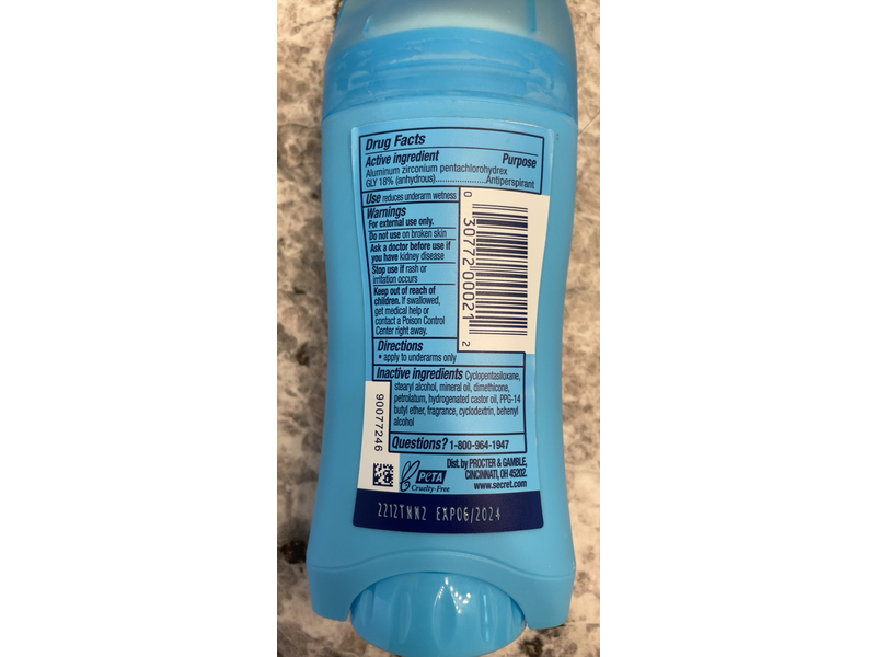 Secret Invisible Solid Antiperspirant Deodorant, Powder Clean, 2.6 oz/73 g