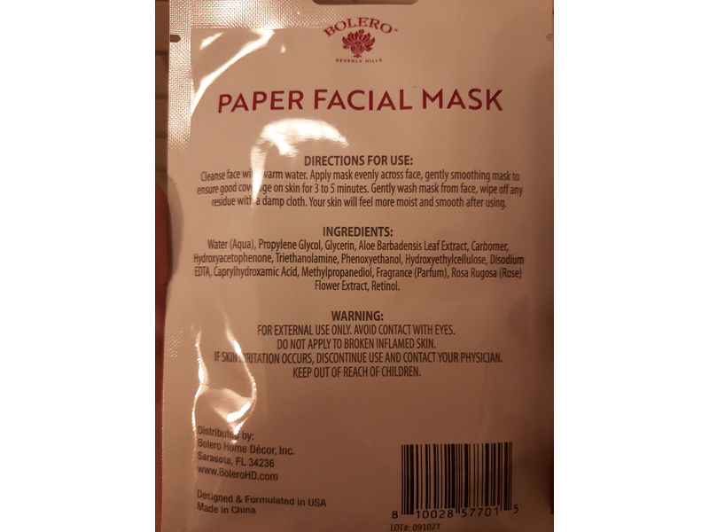 Bolero Beverly Hills Paper Facial Mask, Rosewater + Retinol, 0.37 fl oz/11 mL, 1 Count