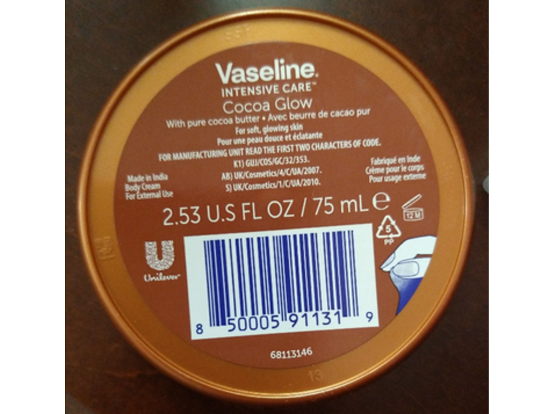 Vaseline Intensive Care Cocoa Glow Body Cream, Pure Cocoa Butter, 2.53 fl oz/75 mL