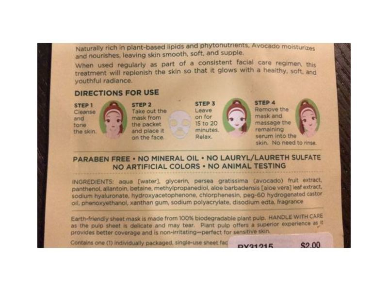 Earth Therapeutics Nourishing Facial Sheet Mask, Avocado, 0.7 fl oz/20 mL