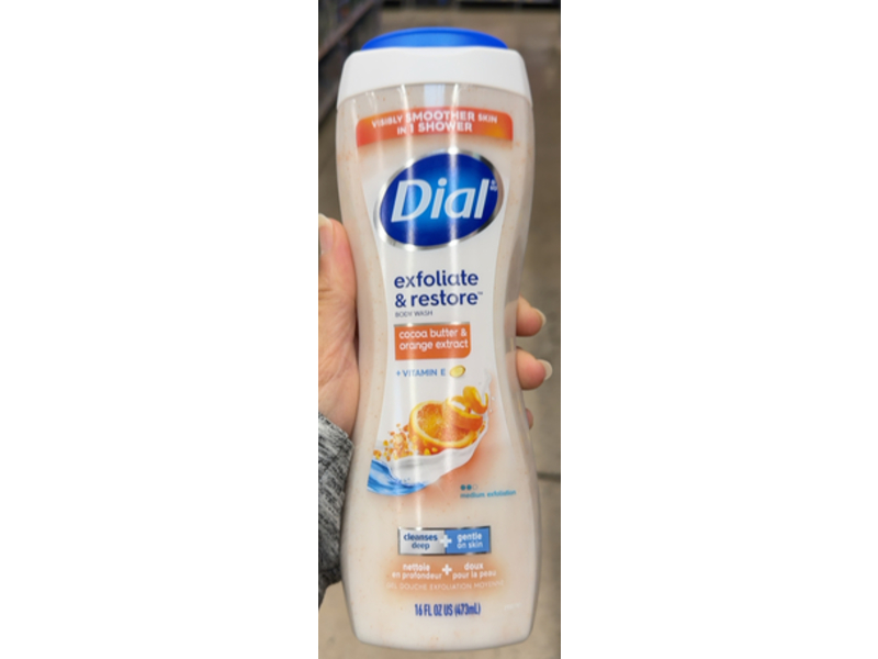 Dial Exfoliate & Restore Body Wash, Cocoa Butter & Orange Extract, 16 fl oz/473 mL, Pack Of 4