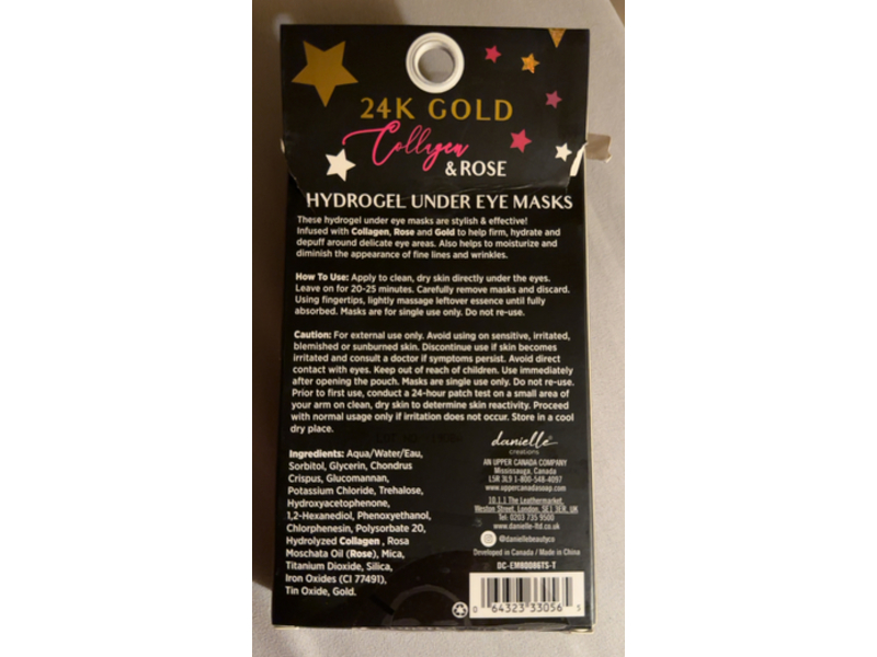 Danielle Creations Hydrogel Under Eye Masks, 24k Gold Collyen & Rose, 0.1 oz/2.7 g, 6 Pairs