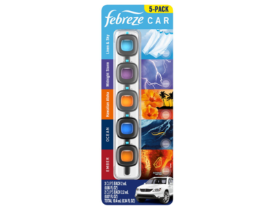 Febreze Car Air Freshener, Ember + Ocean + Hawaiian Aloha + midnight Storm + Linen & Sky, 0.34 fl oz/10.4 mL, Pack Of 5