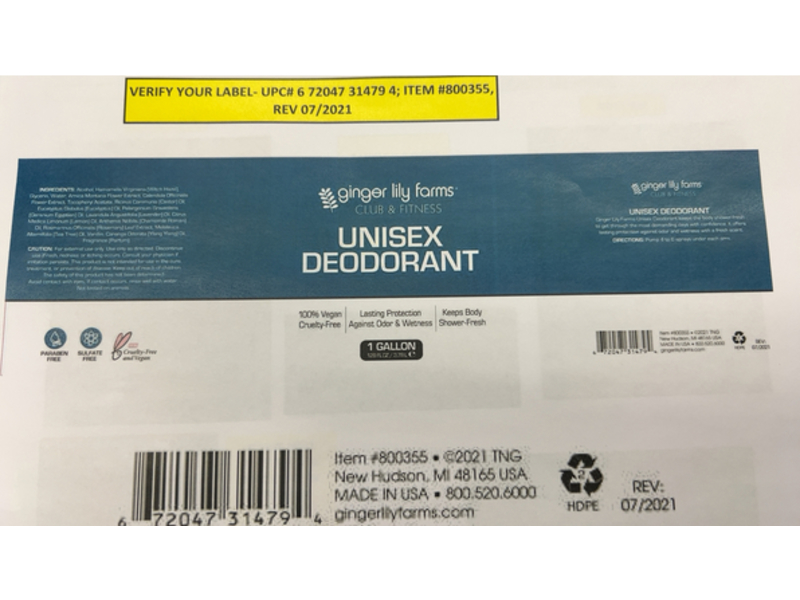 Ginger Lily Farms Club & Fitness Unisex Deodorant, 128 fl oz/3.78 L