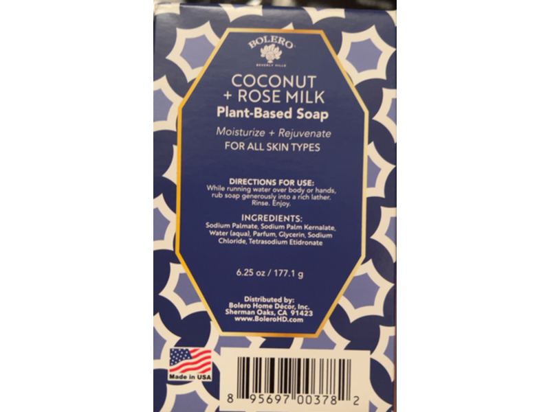 Belero Beverly Hills Plant Based Soap, Coconut + Rose Milk, 6.25 oz/177.1 g