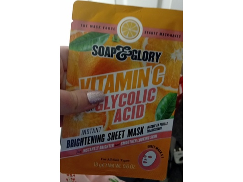 Soap & Glory Brightening Sheet Mask, Vitamin C & Glycolic Acid, 0.6 oz/18 g
