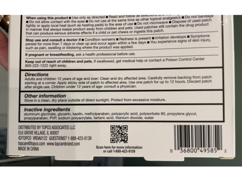 Top Care Health Maximum Strength Lidocaine Pain Relief Patch, 4% Lidocaine, 1% Menthol, 5 Count