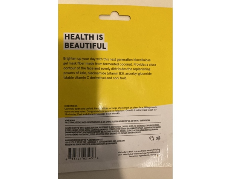 Acure Brilliantly Brightening Biocellulose Mask, Niacinamide & Kale, 0.67 fl oz/20 mL