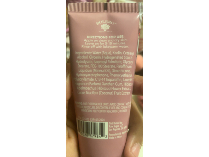 Bolero Hydrating Clay Face Mask, Hibiscus Flower & Coconut, 2.5 fl oz/ 73.9 mL