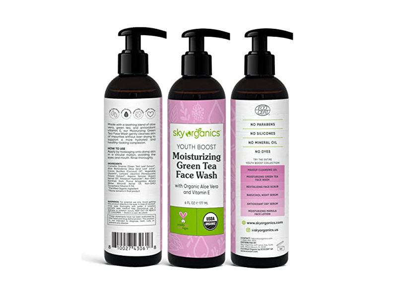 Sky Organics Youth Boost Moisturizing Green Tea Face Wash for Face USDA Certified Organic to Cleanse, Moisturize & Refresh, 6 fl. Oz