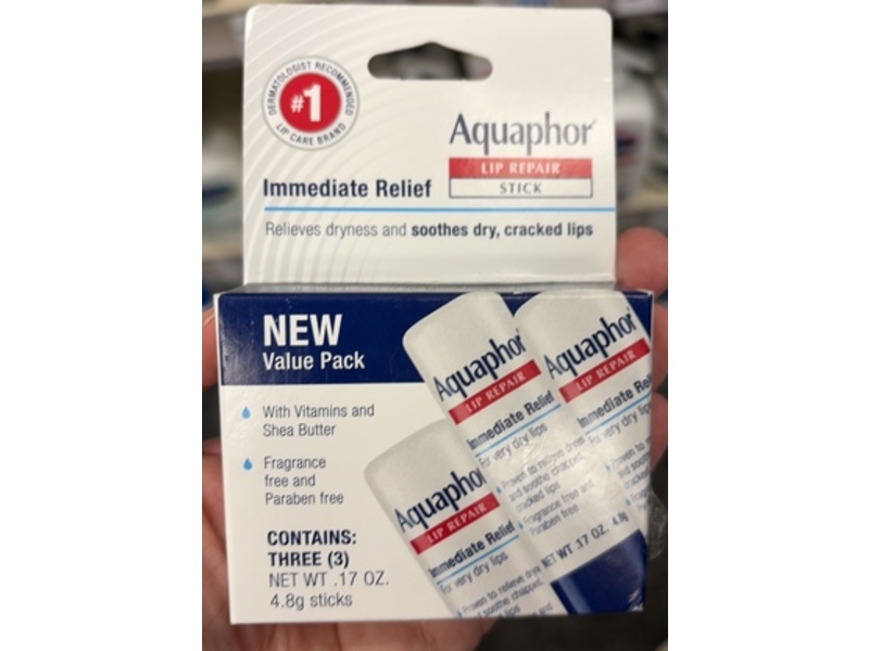 Aquaphor Lip Repair Stick, Vitamins & Shea Butter, 0.17 oz/4.8 g, Pack Of 3