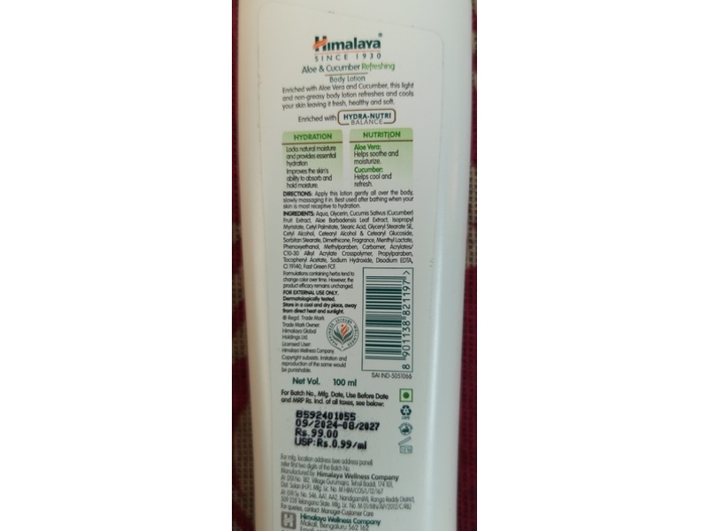 Himalaya Body Lotion, Aloe And Cucumber, 100 mL