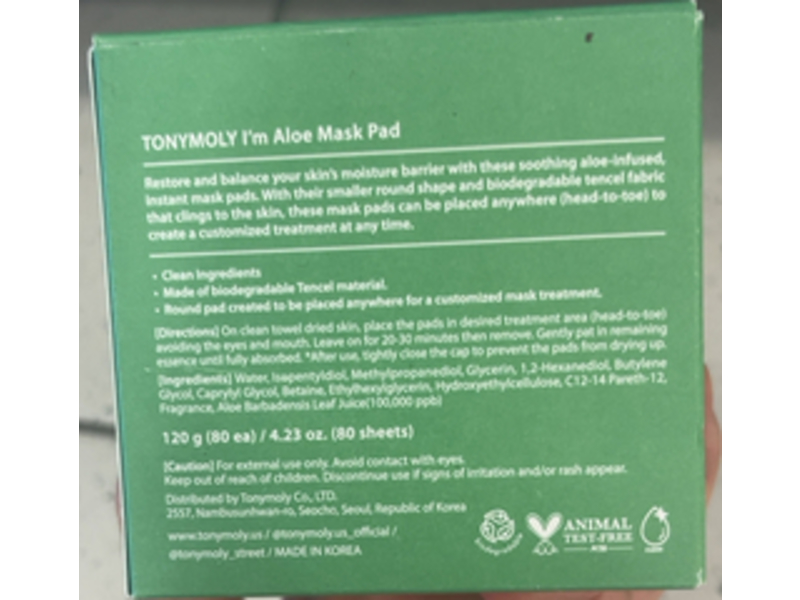 Tonymoly I'm Aloe Mask Pads, 4.23 oz/120 g, 80 Counts