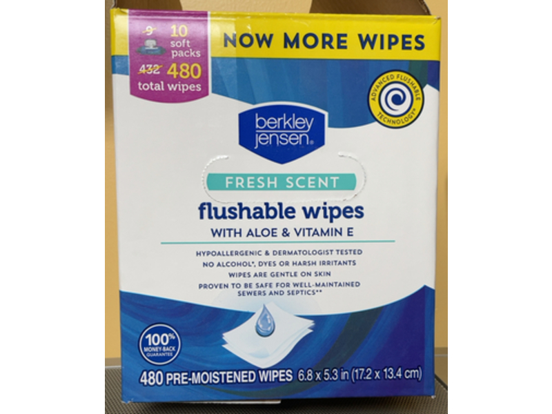 Berkley Jensen Flushable Wipes, Aloe & Vitamin E, Fresh Scent, 480 Count