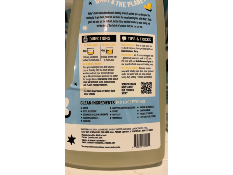 Molly's Suds Baby Laundry Detergent, Fragrance Free, 200 Loads, 100 fl oz.