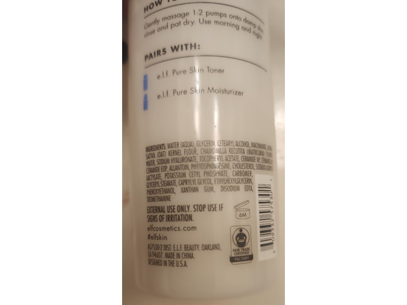 e.l.f Pure Skin Cleanser, Oat Milk + Allantoin & Niacinamide, 6.09 fl oz/180 mL