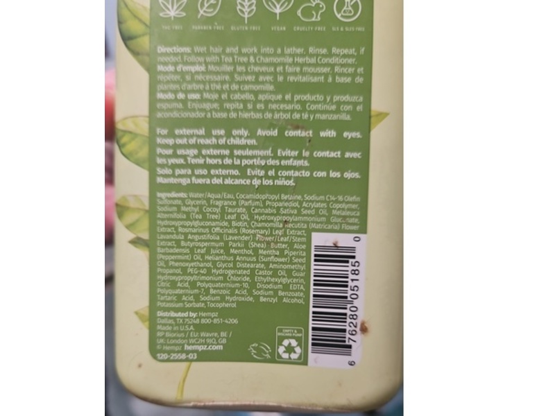 Hempz Herbal Shampoo, Tea Tree & Chamomile, 17 fl oz/500 mL