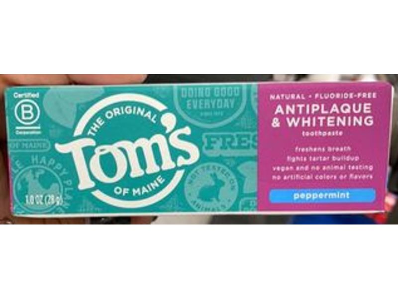 Tom's Of Maine Antiplaque & Whitening Toothpaste, Fluoride-Free, Peppermint, 1 oz/28 g