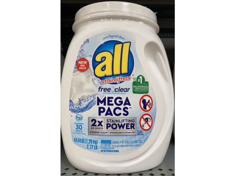 all With Stainlifters Mega Laundry Detergent Pacs, Free Clear, 44.44 oz/1.26 kg, 30 Count