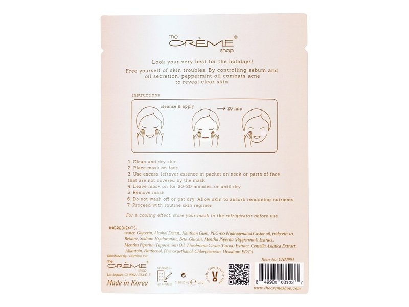 The Creme Shop Clarifying Sheet Mask, Peppermint Cocoa, 0.88 oz/25 g