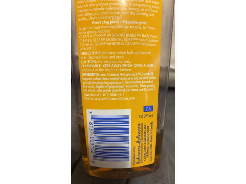 Clean & Clear Morning Burst Energizing Astringent Deep Cleanse, Vitamin C & Ginseng, 8 fl oz/240 mL