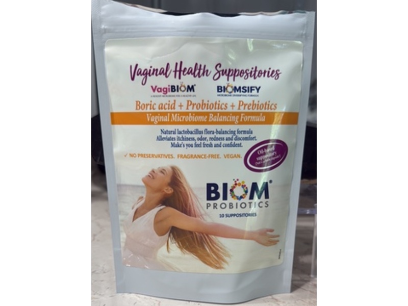 Biom Vaginal Health Suppositories, Probiotics+Prebiotics+Boric acid, 10 Count