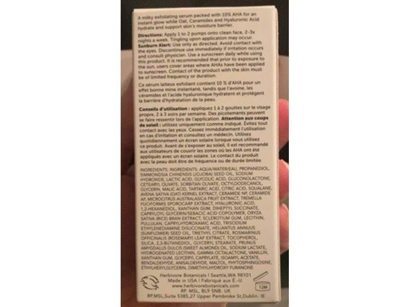 Herbivore Milky Way 10% AHA + Oat Soothing Exfoliating Serum, 1 fl oz/30 mL