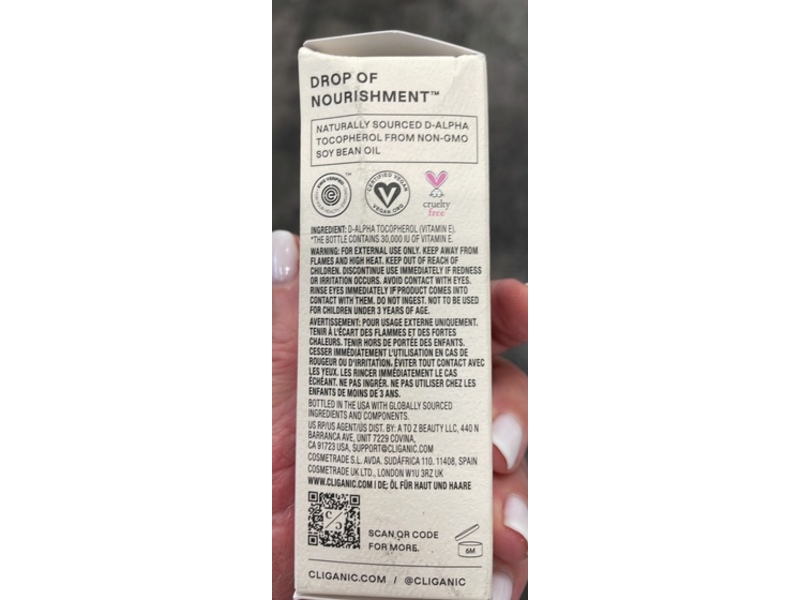Cliganic Vitamin E Oil, 1 fl oz/30 mL