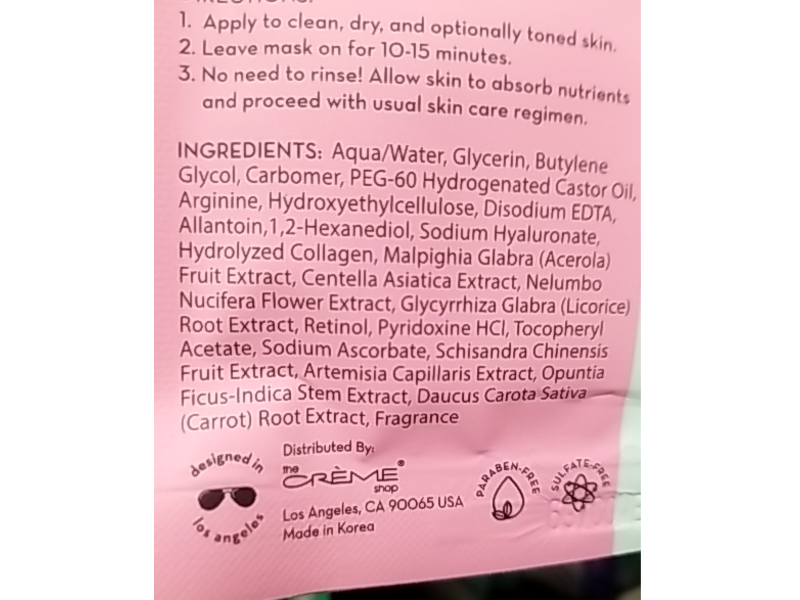 The Creme Shop Fusion Sheet Mask, Collagen & Acerola Cherries, 2 Count