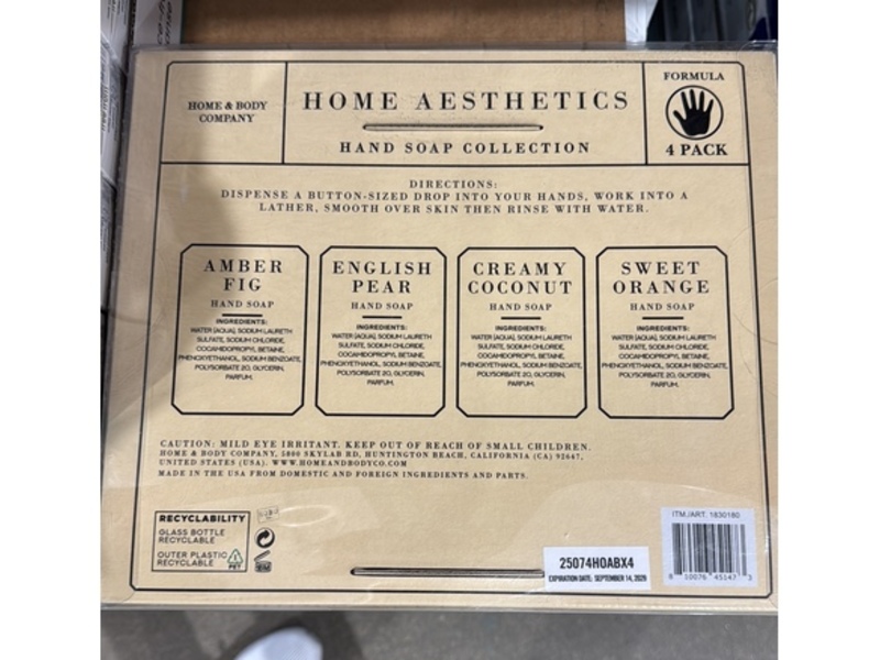 Home & Body Company Home Aesthetics Hand Soap Collection Set, Sweet Orange + Creamy Coconut + English Pear + Amber Fig