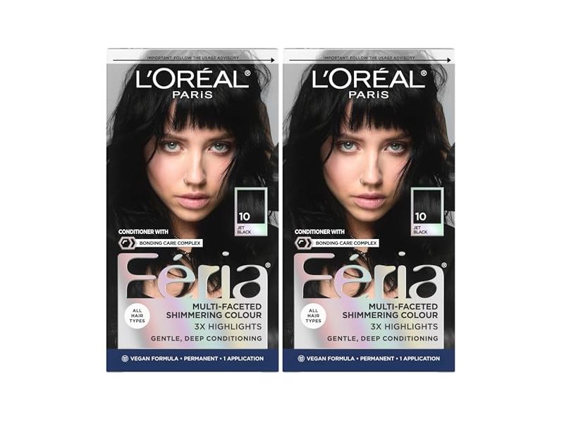 L'Oreal Paris Feria Multi-Faceted Shimmering Permanent Color , 10 Jet Black, 1 Application, Pack Of 2