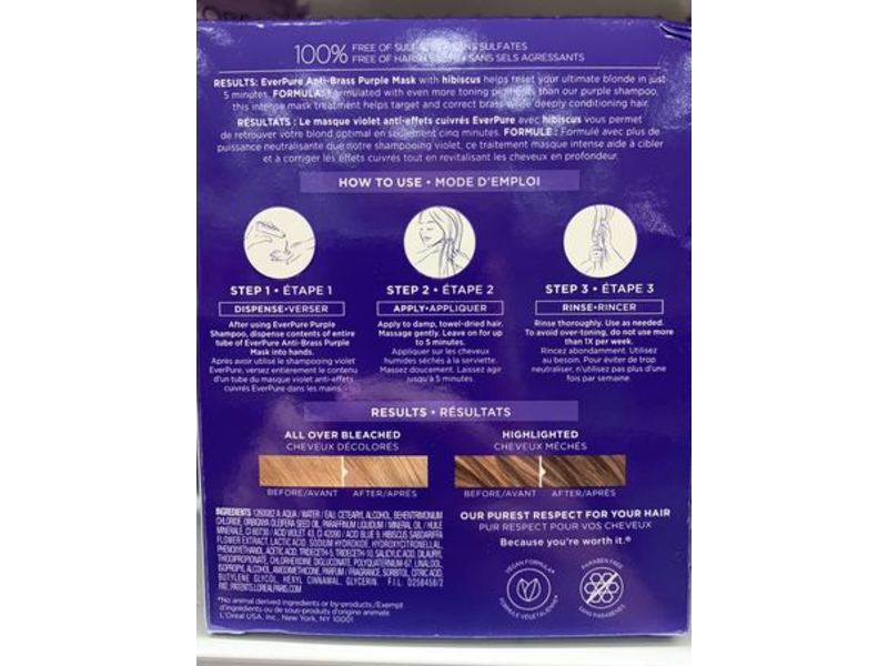L'Oreal Paris Ever Pure Sulfate Free, Ultra Pigmented Anti Brass Purple Mask, 3 fl oz/90 mL, Count 3