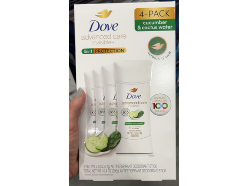Dove Advanced Care Invisible+ 5 In 1 Protection Antiperspirant Deodorant Stick, Cucumber & Cactus Water, 2.6 oz/74 g, Pack Of 4