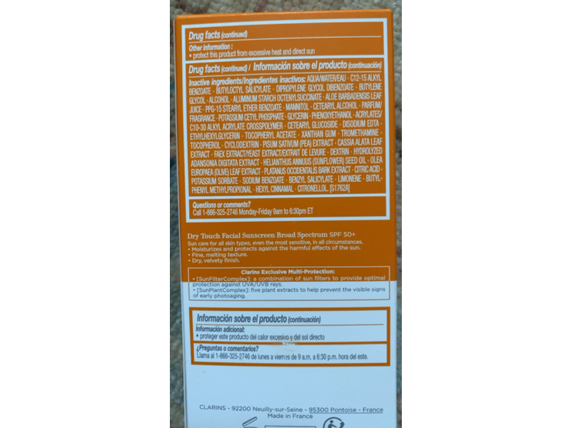 Clarins Dry Touch Facial Sunscreen, Antioxidants, SPF 50+, 1.7 oz/50 mL