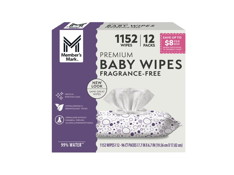 Member's Mark Premium Baby Wipes, Fragrance Free, 96 Count, Pack Of 12