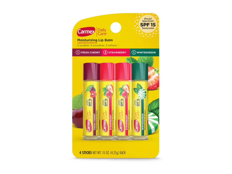 Carmex Daily Care Moisturizing Lip Balm Set, SPF 15, Fresh Cherry + Strawberry + Wintergreen, 0.15 oz/4.25 g, Pack Of 4