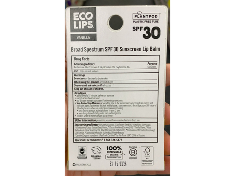 Eco Lips Sunscreen Lip Blam, SPF 30, Vanilla & Smoothing Aloe Vera, 0.15 oz/4.25 g, Pack Of 2