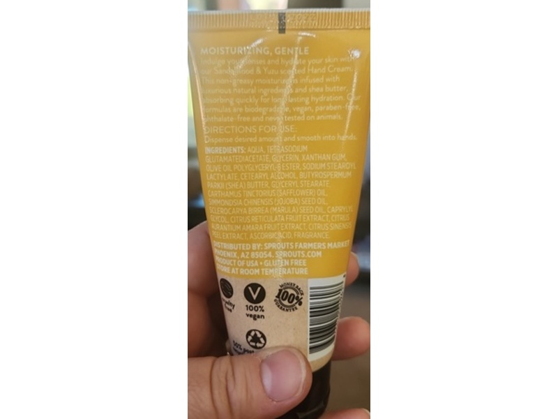 Sprouts Moisturizing Hand Cream, Sandalwood & Yuzu, 3 fl oz/88 mL