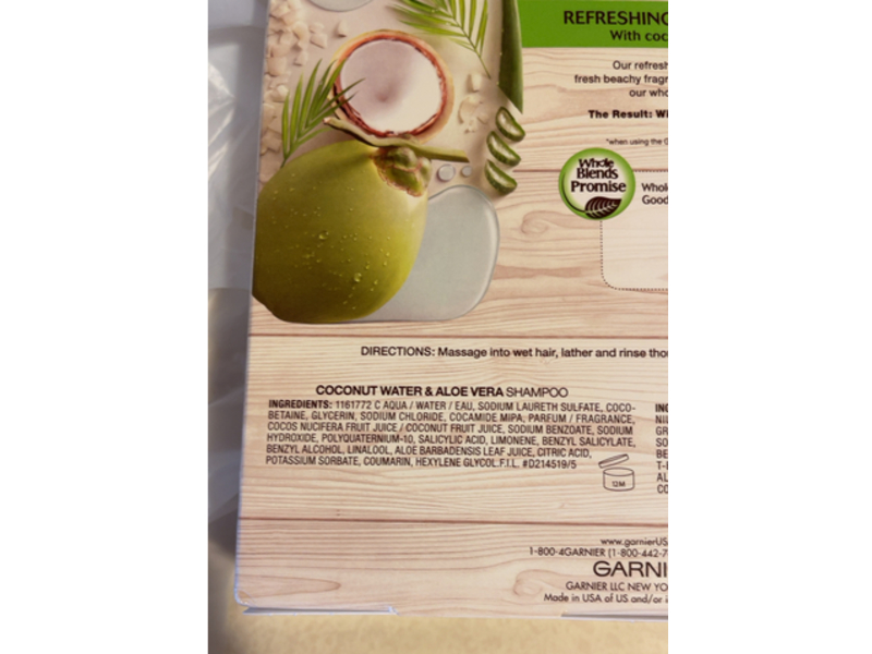 Garnier Whole Blends Shampoo & Conditioner, Coconut Water & Aloe Vera Shampoo,12.5 fl oz/370 mL