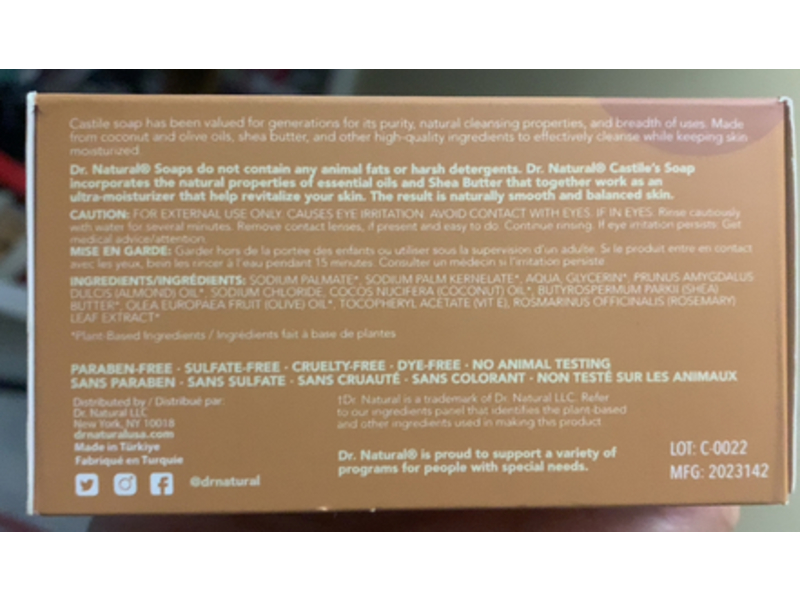 Dr. Natural Plant Based Castile Bar Soap, Almond, 8 oz/226 g, Pack Of 2