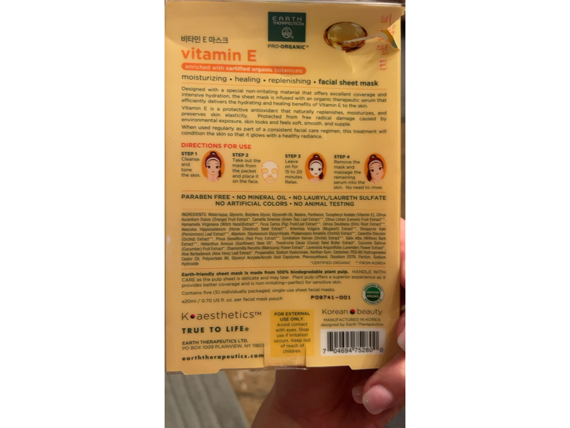 Earth Therapeutics Vitamin E Facial Sheet Mask, Moisturizing, 0.70 fl oz/20 mL