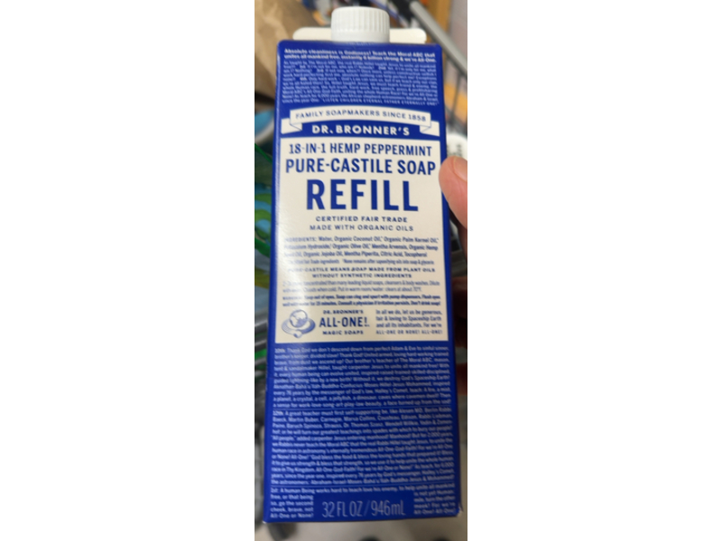 Dr. Bronner's 18 - In - 1 Pure - Castile Soap Refill, Hemp Peppermint, 32 fl oz/946 mL