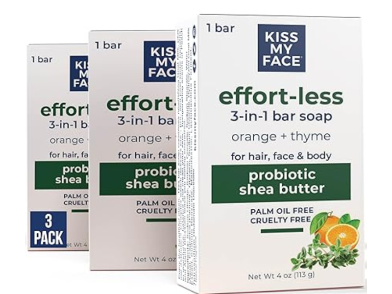 Kiss My Face Effort-Less 3-In-1 Bar Soap, Orange + Thyme, 4 fl oz/113 g, Pack Of 3