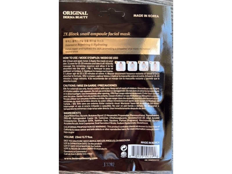 Original Derma Beauty Facial Ampoule Mask, 2x Black Snail, 0.77 fl oz/23 mL